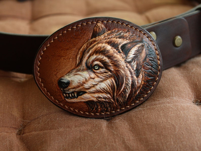 Genuine Leather Belt & WOLF Leather Buckle Custom leather belt Personalized Tooled Leather Belt Western belt, mens western belt, cowboy belt image 6
