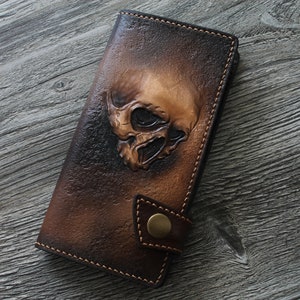 Funda de teléfono con calavera, Funda de teléfono hecha a mano, Funda de cuero personalizada, Billetera de teléfono con calavera, Funda, Funda de cuero para móvil