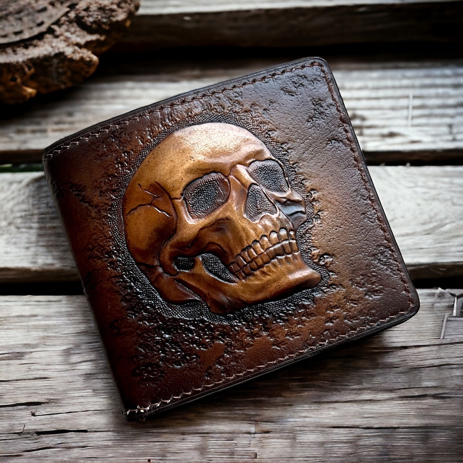Skull Wallet Genuine Leather Wallet Skeleton Biker Wallet Men s Wallet Hand Painted Leather Carving Custom Wallet Personalized Wallet