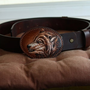 Genuine Leather Belt & WOLF Leather Buckle Custom leather belt Personalized Tooled Leather Belt Western belt, mens western belt, cowboy belt image 4
