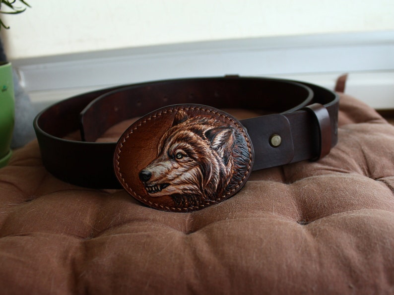 Genuine Leather Belt & WOLF Leather Buckle Custom leather belt Personalized Tooled Leather Belt Western belt, mens western belt, cowboy belt image 2
