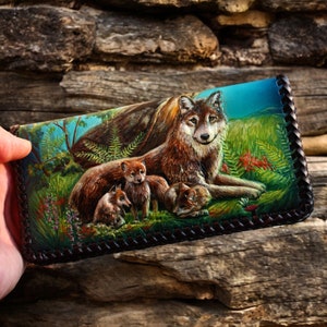 Cartera de lobo Cartera de cuero Cartera larga trenzada Cartera hecha a mano, cartera tallada, cartera personalizada, regalo para hombre, regalo para novio, regalo de aniversario
