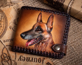 Leather wallet. Dog wallet. Hand-tooled German Shepherd wallet. men's wallet. braided wallet. custom wallet, mens gift, dog lovers wallet