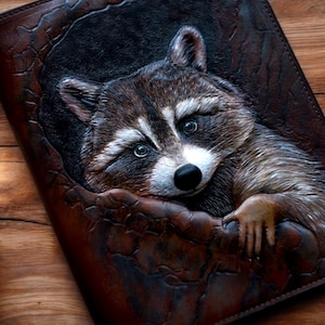 Custom notebook, Hand-tooled Leather Organizer Raccoon, tooled notebook, carved leather notebook cover. A5 size with 4 rings, perfect gift