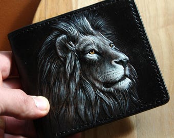 Cartera de cuero, Cartera de león, Cartera de cuero hecha a mano, Cartera labrada, Cartera tallada a mano, Cartera personalizada, Regalo para hombre