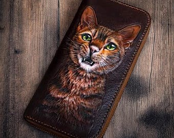 Cartera de gato hecha a mano - Monedero de cuero con cremallera para amantes de las mascotas - Regalo para ella Cartera para amantes de los gatos - Cartera con cremallera hecha a mano