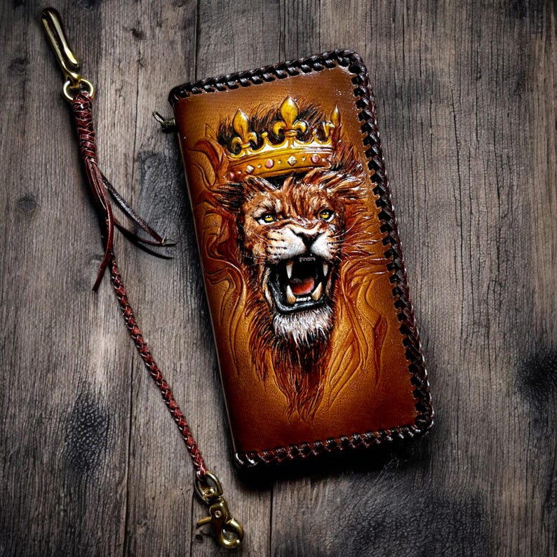 Cartera de león Cartera de cuero Cartera larga para hombre Cartera hecha a mano, cartera tallada, cartera personalizada, regalo para hombre. Cartera de Ucrania. Regalos para novios imagen 2