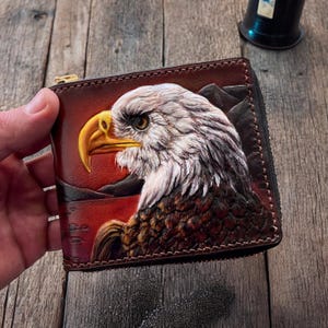 Eagle wallet Wolf wallet, Leather wallet, men&#39;s wallet, Hand-tooled leather wallet, carved wallet, Wolf Gifts for men, Wolf Design