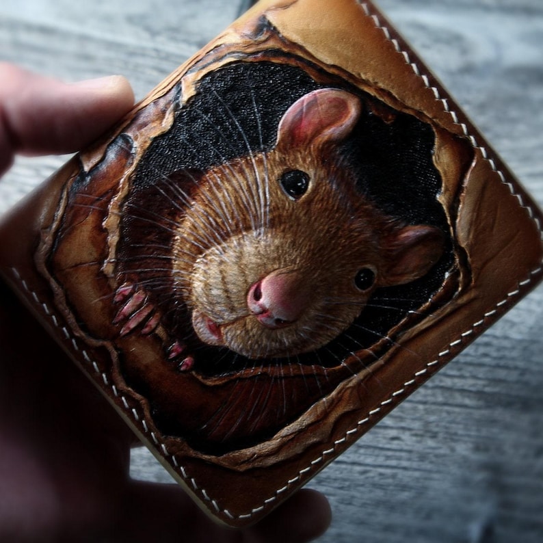 Mouse Wallet Pattern Hand Tooled Leather Wallet With Mouse Carving, Vegetable-tanned Genuine ...