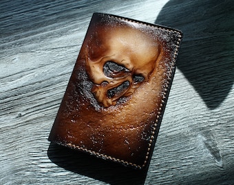 Leather passport cover,  Hand-carved, Hand painted, carved skull, Skull passport cover, Skull Wallet, biker passport cover, biker wallet.