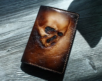 Leather passport cover,  Hand-carved, Hand painted, carved skull, Skull passport cover, Skull Wallet, biker passport cover, biker wallet.