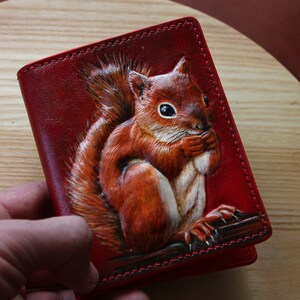 Portafoglio in pelle con tasche anteriori, porta carte di credito. Portafoglio scoiattolo, regalo personalizzato per donna, porta carte sottile in pelle, portafoglio porta documenti.