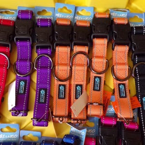 May include: Assortment of colorful dog collars with reflective accents. The collars are made of nylon and have a metal buckle. The collars are available in red, orange, purple, and black.