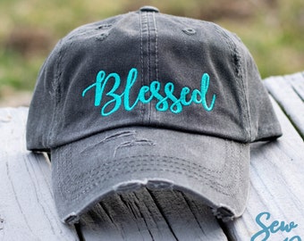 Blessed Custom Embroidered Hat, Custom Trucker hat for women, Distressed Dad Hat Vintage, Blessed Mama Ponytail Hat, Messy Bun Hat