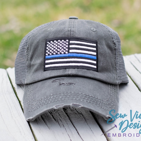 Thin Blue Line Hat, Distressed Baseball Cap OR Ponytail Hat with Thin Blue Line Flag, Thin blue line Clothing, American Flag Police