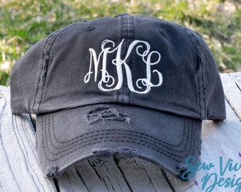 Monogrammed Hat, Personalized Hat, Ladies Monogram Hat, Monogrammed Cap, Distressed hat, Custom Embroidered Hat, Vintage Hat