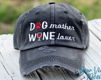 Dog Mother Wine Lover Custom Embroidered hat Personalized, Dog Mom Custom Trucker hat for women, Dog Mama Custom Baseball Cap, Ponytail  Hat