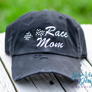 Race Mom Hat | Distressed Baseball Cap OR Ponytail Hat | Custom Embroidered Race Mom Gift | Personalized Race Cap with Checkered Flag