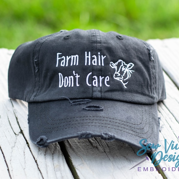 Farm Hair Don't Care Hat | Vintage Baseball Cap OR Ponytail Hat | Farm Girl | Farm Life | Distressed Hat with a Cow