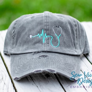 Stethoscope Hat | Distressed Baseball Cap OR Ponytail Hat | Nurse Hat | Stethoscope Accessories | Stethoscope Monogram | Nurse Gift