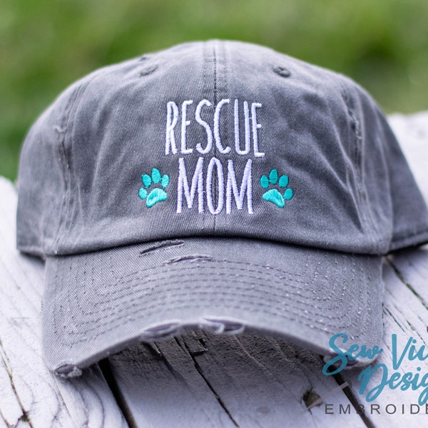 Rescue Mom Hat with Paw Prints | Distressed Baseball Cap OR Ponytail Hat | Dog Mom Hat | Rescue Mom Gift | Dog Rescue | Pet Adoption Gift