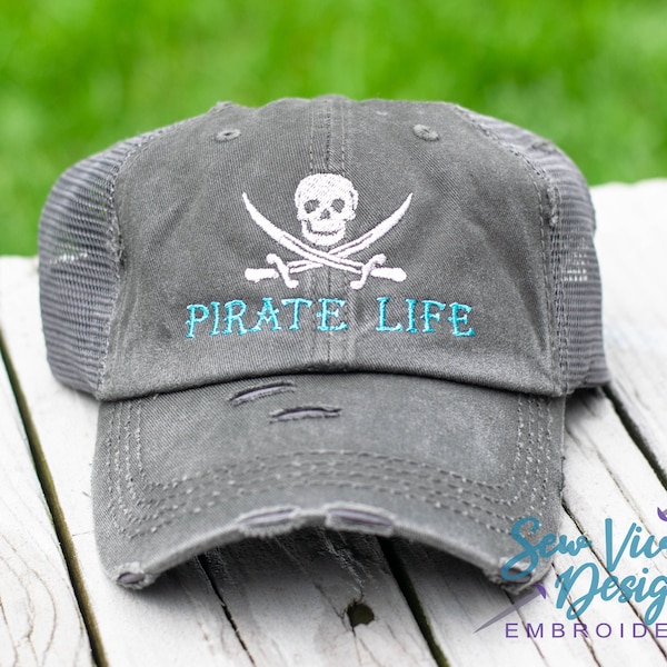 Pirate Life Hat with Skull and Swords | Distressed Baseball Cap OR Ponytail Hat | Boating Hat | Boat Hat | Pirate Hat | Lake Hat | Trucker