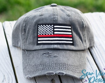 Thin Red Line Flag Distressed Baseball Ponytail or Trucker hat | Fire Wife Hat | Firefighter support, Personalized and Custom Cap for women