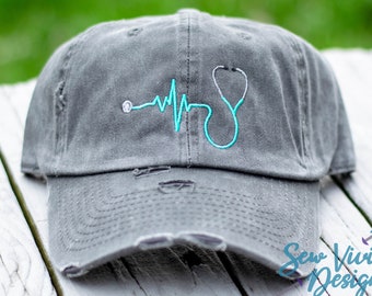 Stethoscope Hat | Distressed Baseball Cap OR Ponytail Hat | Nurse Hat | Stethoscope Accessories | Stethoscope Monogram | Nurse Gift