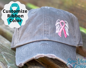 Cancer Ribbon With Wings Hat | Distressed Baseball Cap OR Ponytail Hat | In Memory of | Cancer Loss | Awareness Ribbon Memorial Wings