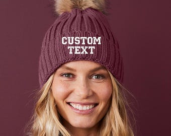Custom Text Embroidered Beanie | Personalized Pom-Pom Beanie | Custom Embroidered Knit Beanie Winter Hat