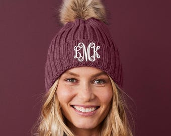 Monogram Embroidered Beanie | Monogrammed Pom-Pom Beanie | Personalized Beanie | Ladies Monogram | Custom Embroidered Knit Beanie Hat