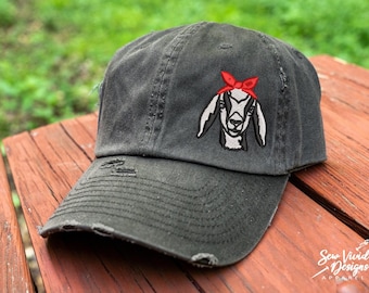 Goat Bandana Hat | Distressed Baseball Cap OR Ponytail Hat | Vintage Dad Hat | Goat with Bandana Bow | Farm Girl Hat | Goat Lover Gift