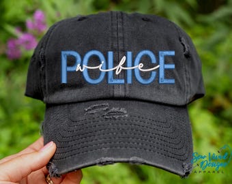 Police Wife Hat | DISTRESSED Baseball Cap OR Ponytail Hat | Thin Blue Line Flag, Thin blue line Clothing, American Flag Police