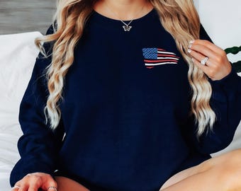 American Flag Embroidered Sweater | Unisex Crewneck & Hooded Sweatshirt | USA | Patriotic Sweater | Stars and Stripes | 4th of July