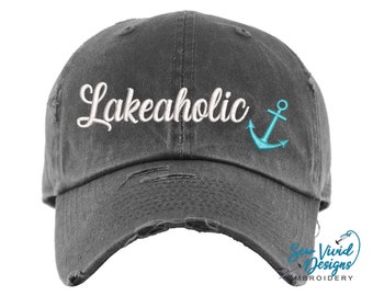 Lakeaholic Distressed Baseball Cap, Custom Trucker Hat for Women, Lake Life Ponytail Hat with anchor, Lake Bum Hat, Lakeaholic Hat