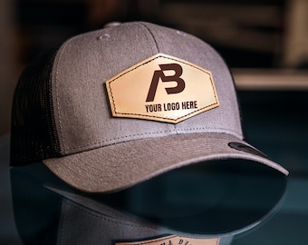 Custom Logo Leather Patch Hat | Custom Text | Yupoong Snapback Trucker | 100% Real Authentic Leather Patch | Laser Engraved Logo