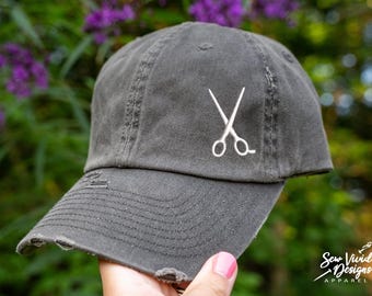 Hairstylist Hat - Shears | Distressed Baseball Cap OR Ponytail Hat | Hairstylist Gift | Shears | Hair Stylist Hairdresser Beautician Barber