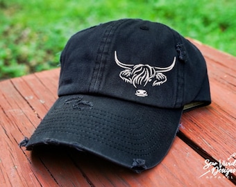 Highland Cow Hat | DISTRESSED Baseball Cap OR Ponytail Hat | Heifer Hat | Farm Hat | Cow Gift | Farm Life | Farm Animal Hat