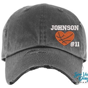 Basketball Heart Hat w/ Name & Number | DISTRESSED Baseball Cap OR Ponytail Hat | Love Basketball Gift | Personalized Basketball Mom Apparel