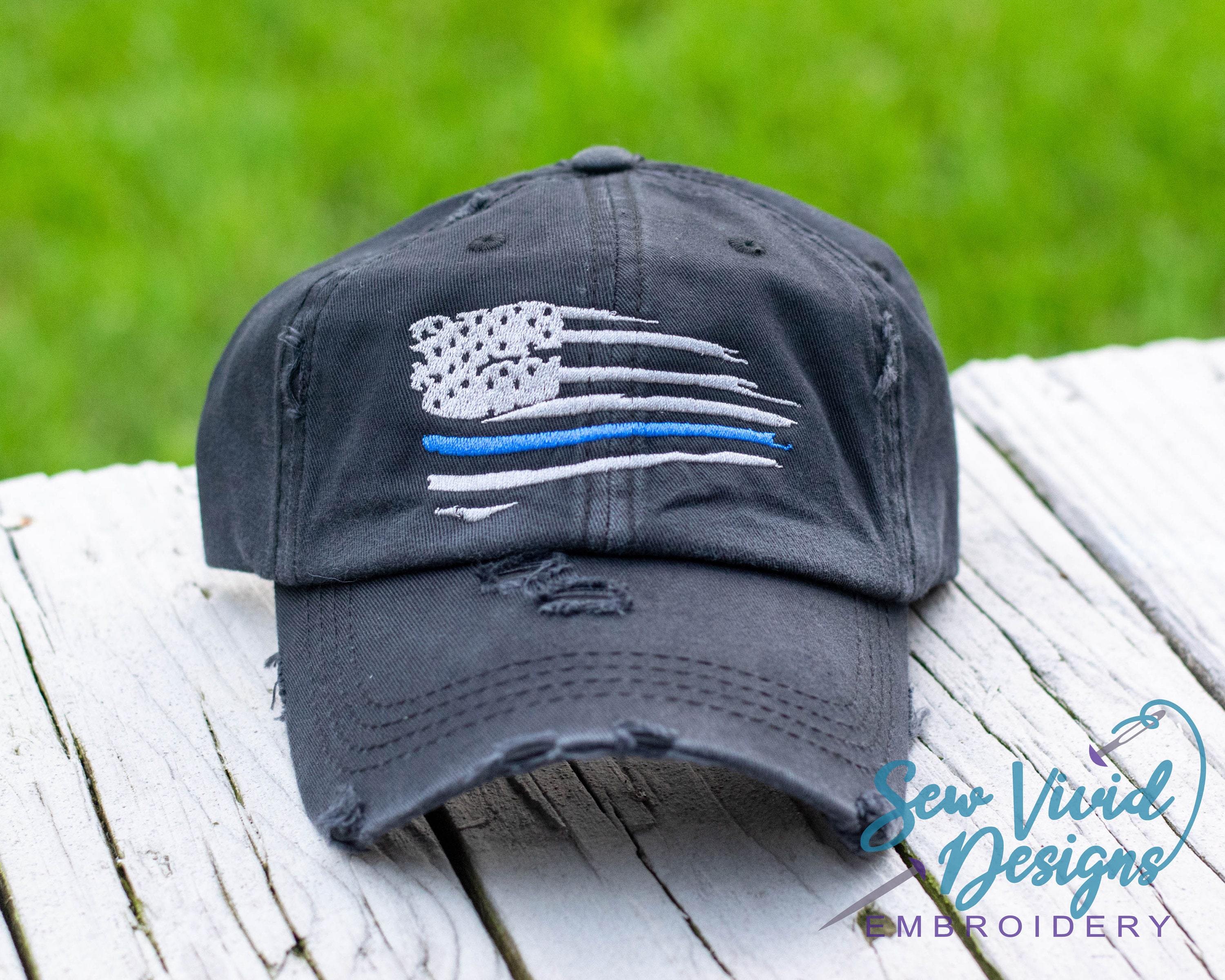 Thin Blue Line Hat, Distressed Baseball Cap With Thin Blue 