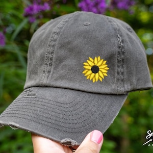 Sunflower Hat | Distressed Baseball Cap OR Ponytail Hat | Floral Hats | Sunflower Lover Gift |