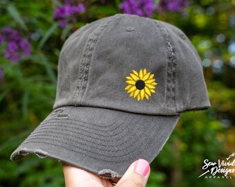 Sunflower Hat | Distressed Baseball Cap OR Ponytail Hat | Floral Hats | Sunflower Lover Gift |