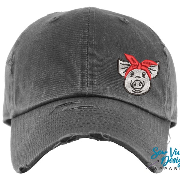 Pig Bandana Hat | Distressed Baseball Cap OR Ponytail Hat | Pig Lover Gift | Pig Hat | Farm Hat | Pig Mom | Farm Girl | Bandana Bow