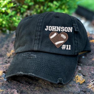 Football Heart Hat W/ Name & Number | DISTRESSED Baseball Cap OR Ponytail Hat | School Name Football Team Hat, Personalized Football Mom Hat