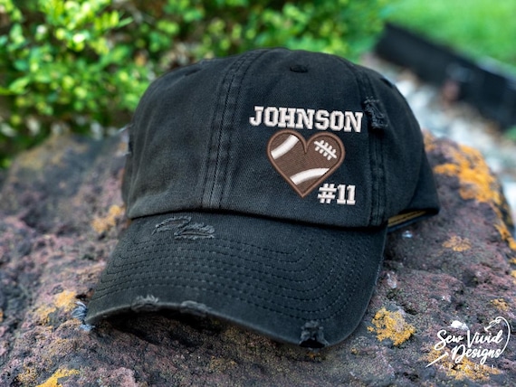 Football Heart Hat W/ Name & Number | DISTRESSED Baseball Cap OR Ponytail Hat | School Name Football Team Hat, Personalized Football Mom Hat
