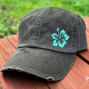 Hibiscus Flower Hat | Distressed Baseball Cap OR Ponytail Hat | Aloha Hibiscus Flower Hat | Hawaiian Vacation Hat | Hawaii Hats | Beach Hat