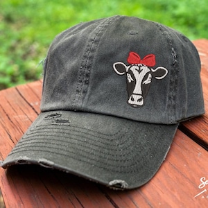 Cow Bandana Hat | Distressed Baseball Cap OR Ponytail Hat | Vintage Dad Hat | Cow with Bandana Bow | Farm Girl Hat | Heifer Hat