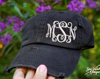Monogram Hat Offset to Side | Personalized Hat | Ladies Monogram Hat | Monogrammed Cap | Vintage Distressed hat | Custom Embroidered Gift