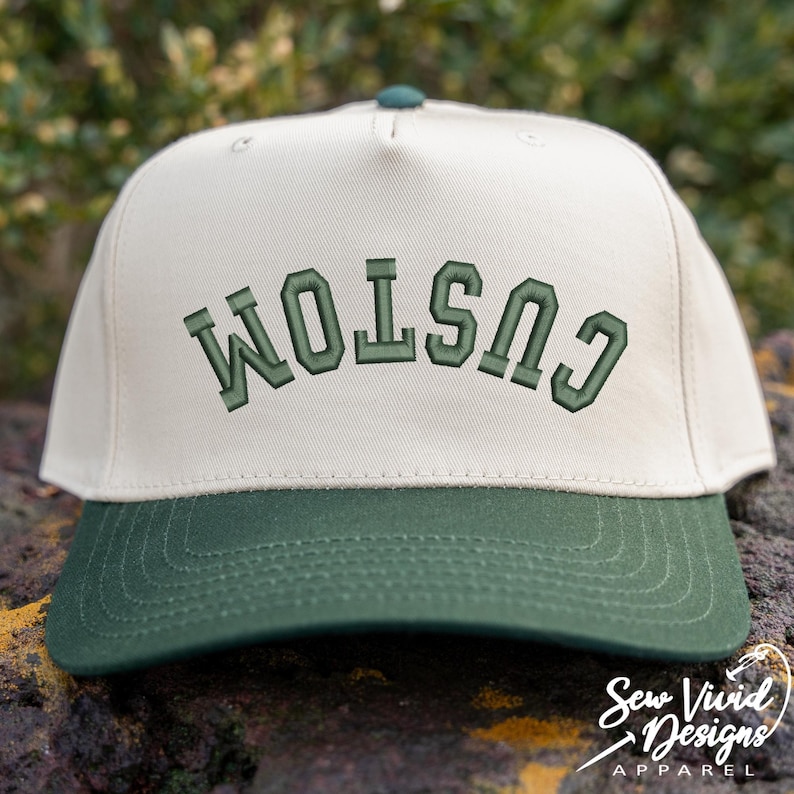 Custom Upside Down Text Hat 3D Puff Text | 5 Panel Two Tone Embroidered Hat | Snapback Trendy Hat, Rally Baseball Cap, Personalized Hat Game Forest/Natural