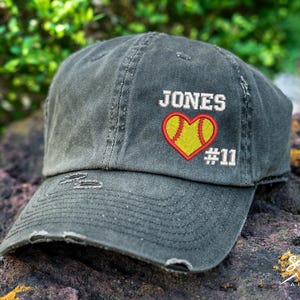 Softball Hat With Custom Name & Number | Distressed Baseball Cap OR Ponytail Hat | Softball Heart Love | Softball Mom | Softball gift